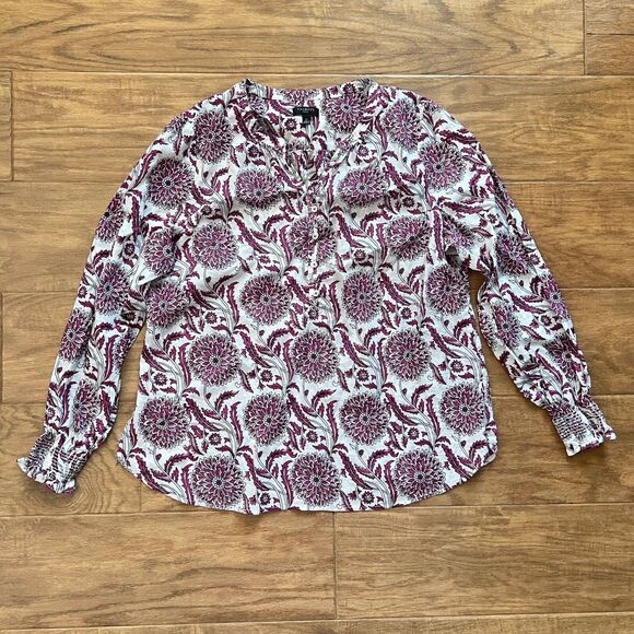 As Is Talbots Petites Chrysanthemum Trellis Ruffle Trim Popover Blouse Size LP - Picture 1 of 8